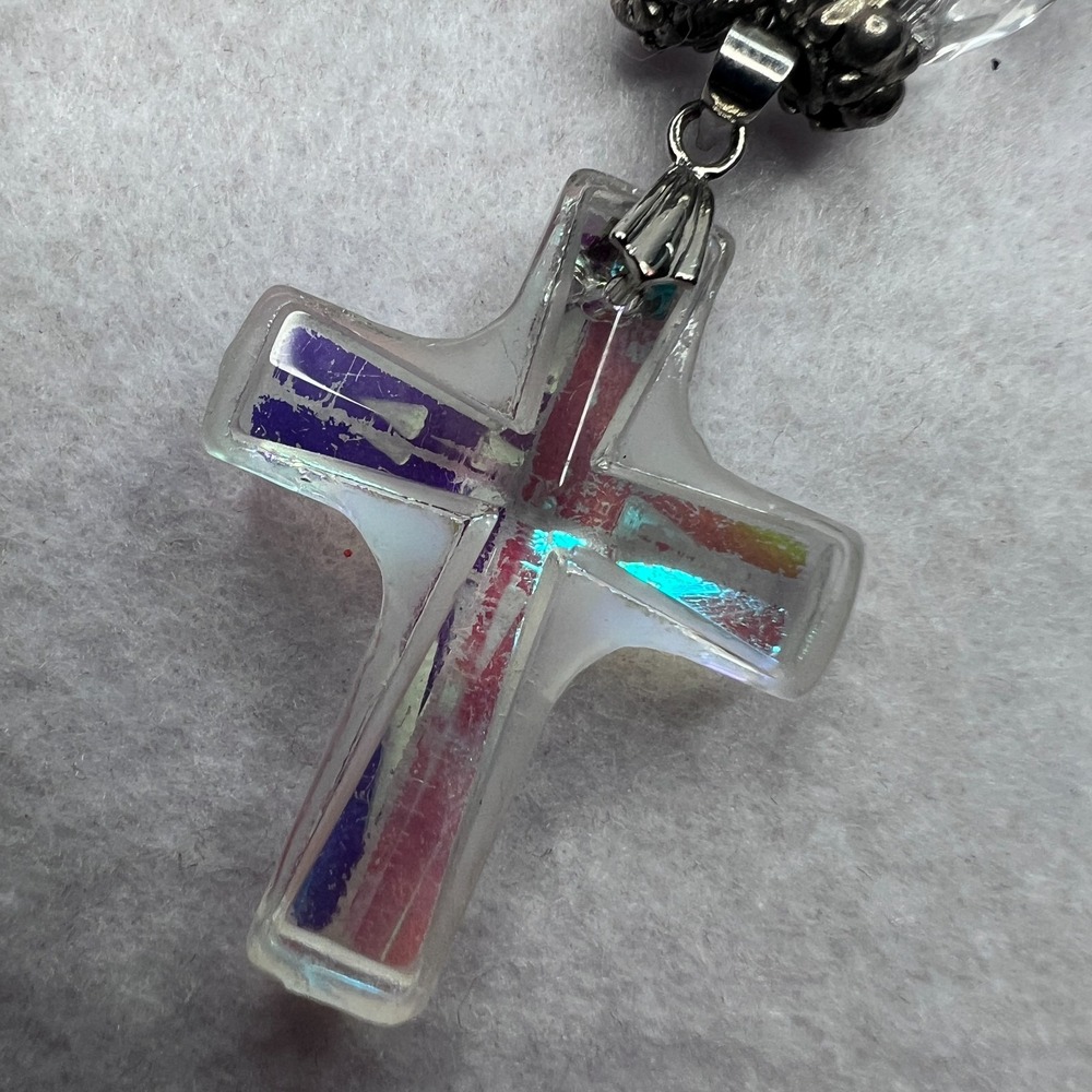 Iridescent Glass Cross Pendant Beaded Necklace Pink Green Clear Silver Tone 20" - Picture 6 of 7